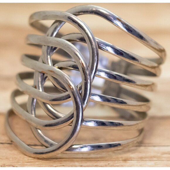 7 inch, Vintage Abstract Oval Wave Links Unique Silver Tone Hinge Bangle - XX9 - Picture 2 of 3